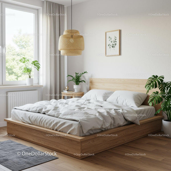 Minimalist bedroom with wooden bed and green plants