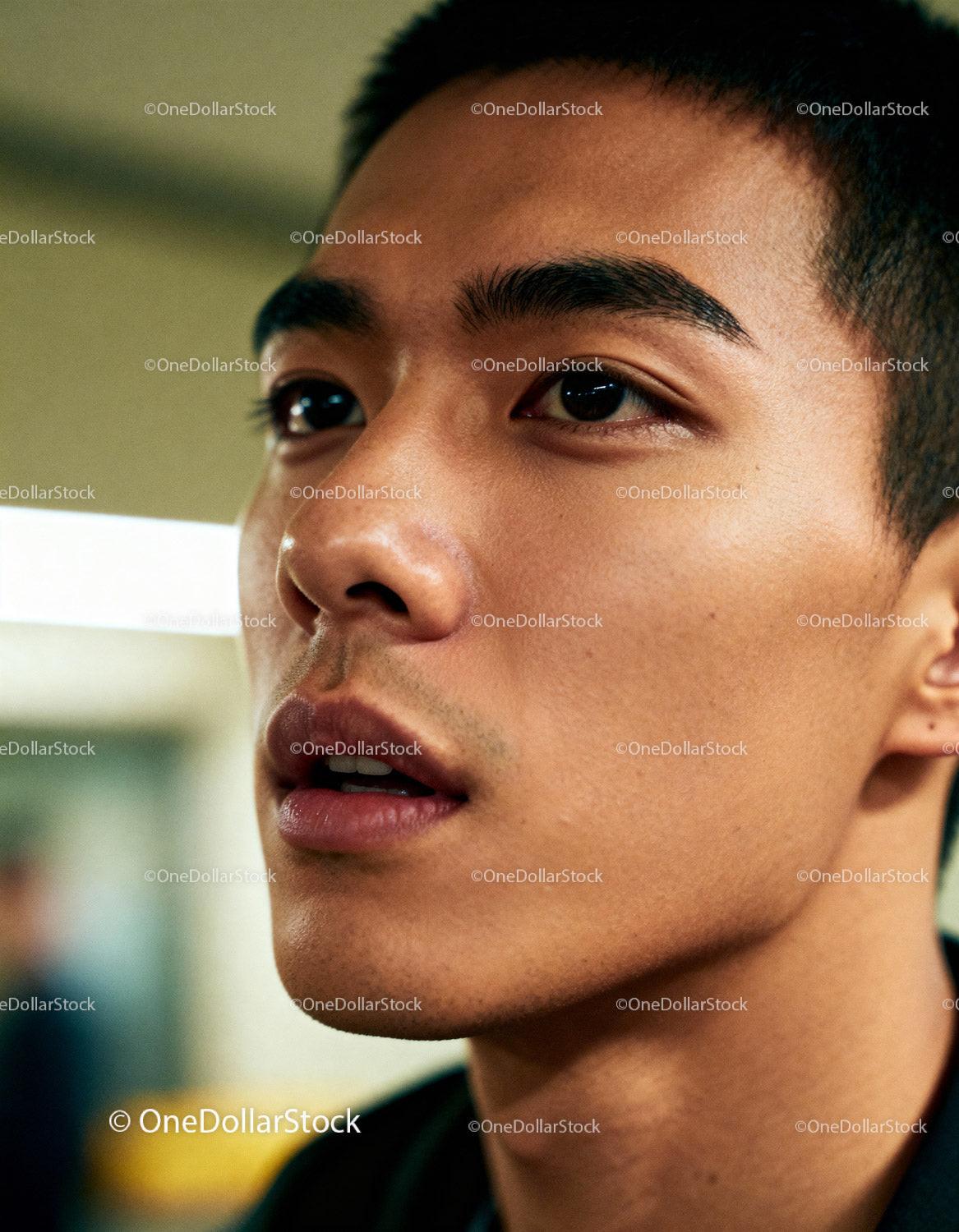 Close-up portrait of pensive young Asian man indoors