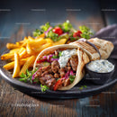 Delicious Beef Shawarma Wrap with Fries and Fresh Salad on Rustic Table