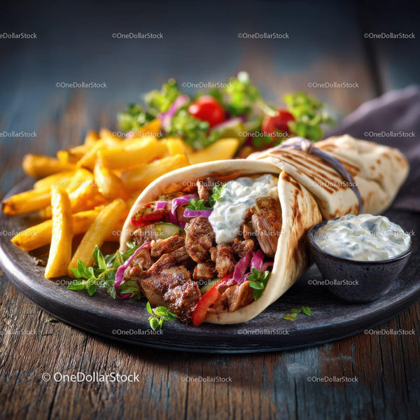 Pyszny wrap z wołowiną shawarma z frytkami i świeżą sałatką na rustykalnym stole