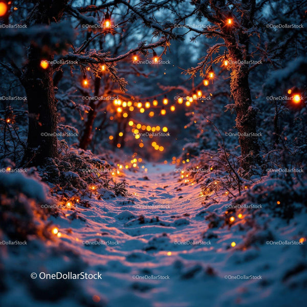 Snowy forest path illuminated by warm glowing lights