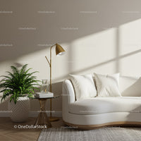 Cozy modern living room corner with white sofa and greenery