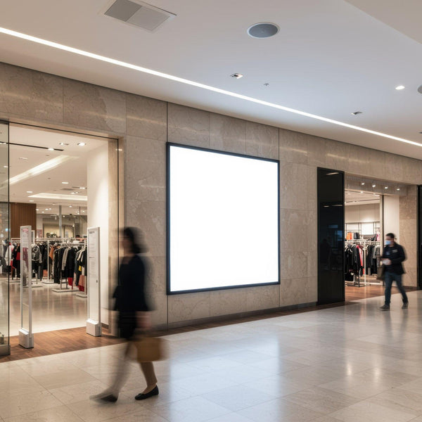 Modern shopping mall corridor with illuminated blank billboard JPG Mockup Image