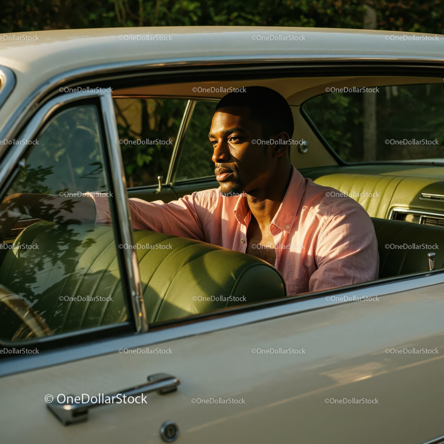 Young Man Driving Vintage Car in Sunlight Outdoor Scene