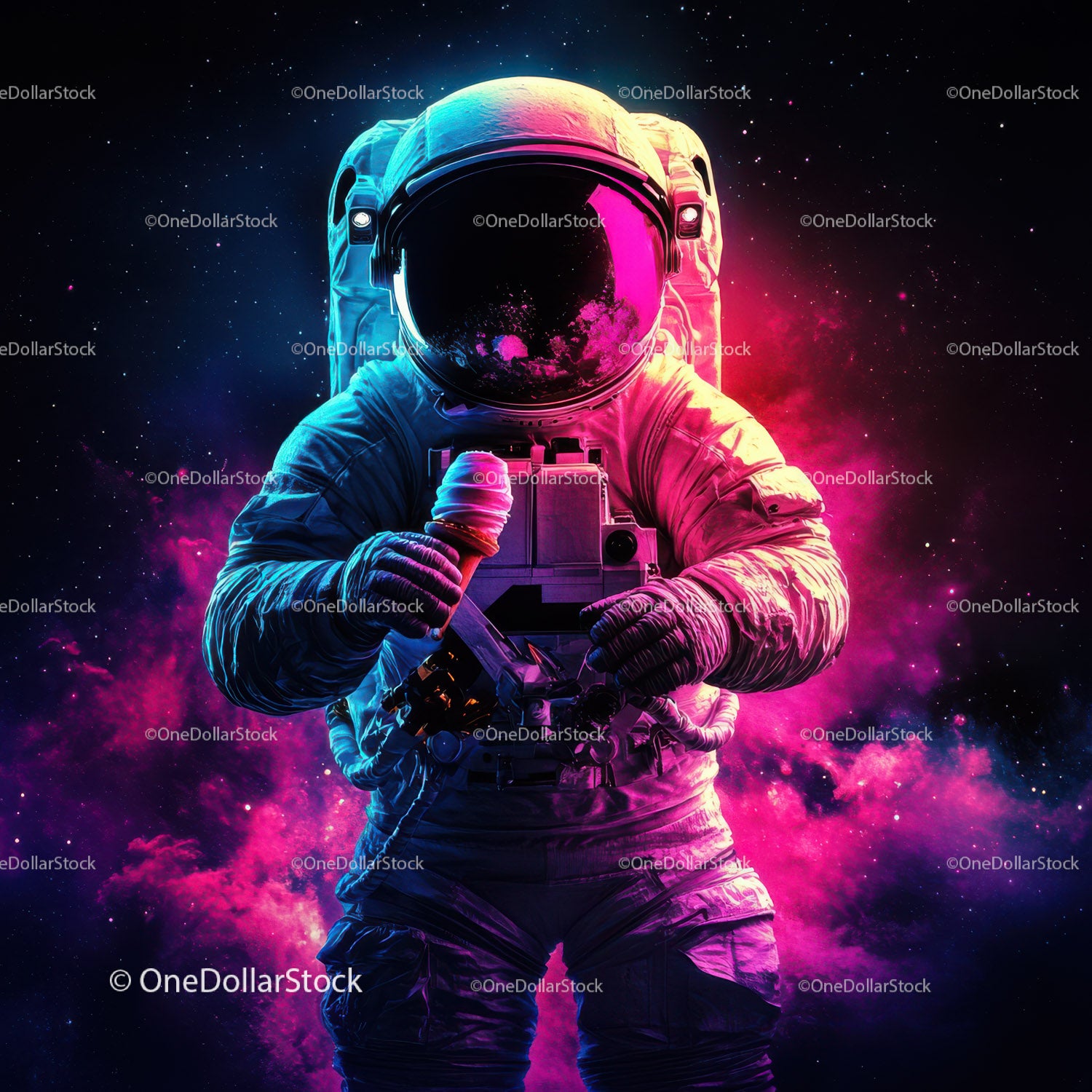 Colorful Astronaut Holding Ice Cream in Space with Galaxy Reflection