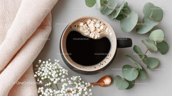 Black Coffee with Oat Flakes and Eucalyptus on Minimalist Table