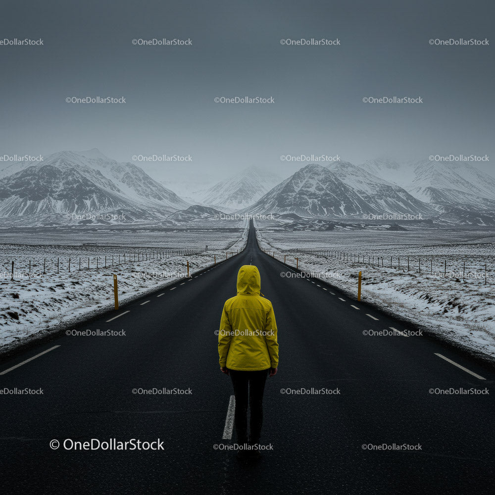 Lonely Traveler in Yellow Jacket on Snow-Covered Road