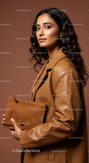 Confident Woman in Brown Leather Jacket Holding Clutch for Fashion Portrait