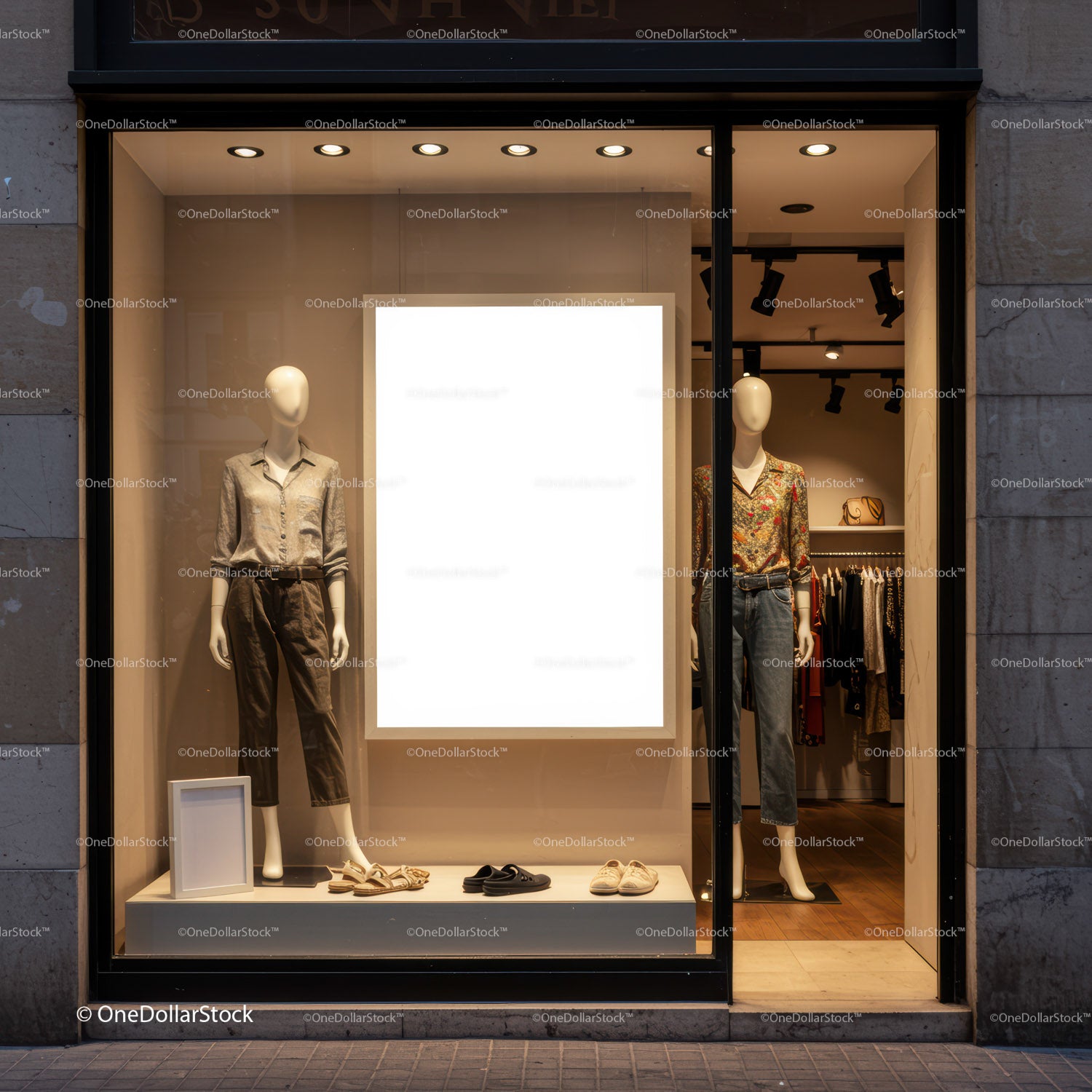 Minimalist fashion store window with casual outfits