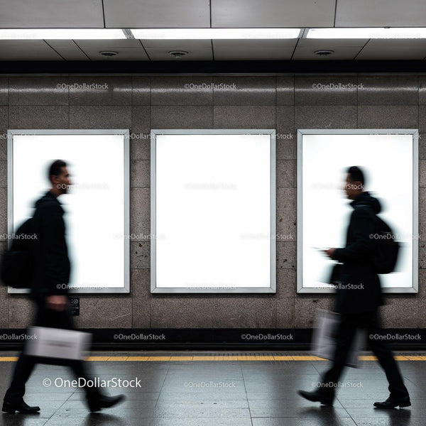 Blurred commuters walking past empty subway ads JPG Mockup Image