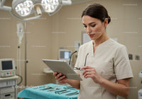 Female Surgeon Reviewing Medical Data in Modern Operating Room