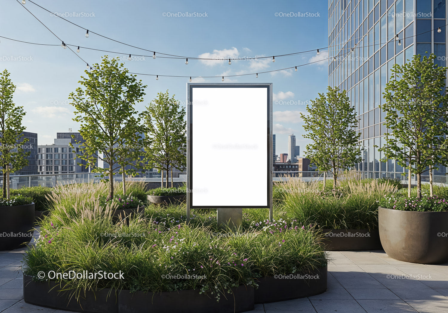 Blank urban billboard surrounded by greenery on rooftop