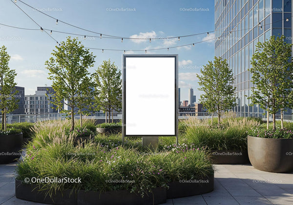 Blank urban billboard surrounded by greenery on rooftop JPG Mockup Image