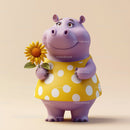 Cute Cartoon Hippo Holding Sunflower in Yellow Dress for Kids Illustration