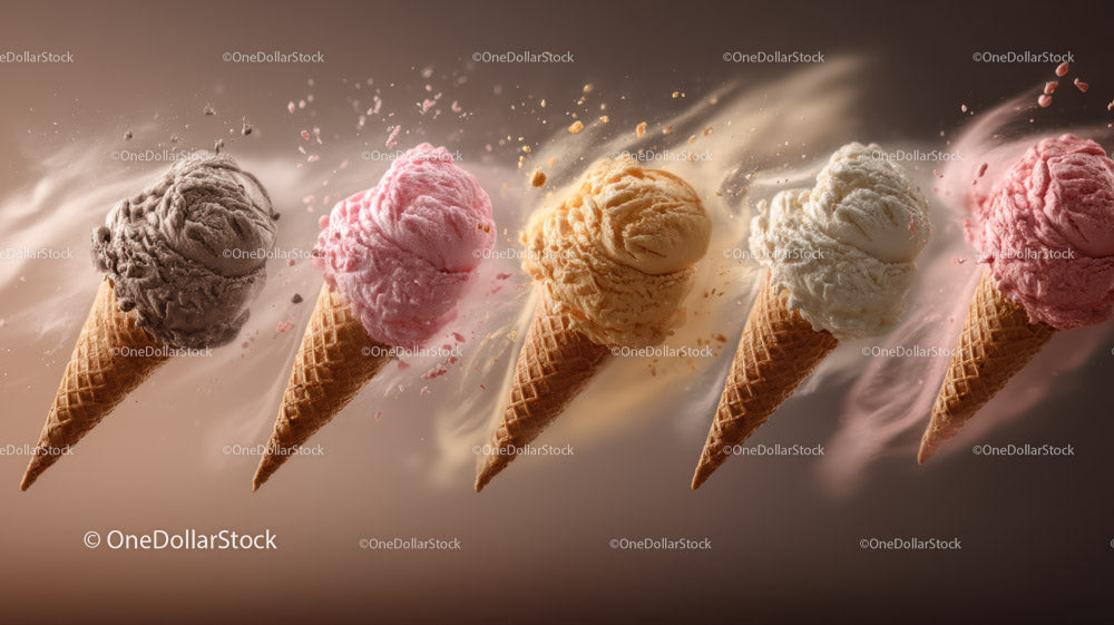 Colorful Ice Cream Cones with Assorted Flavors on Waffle Cones