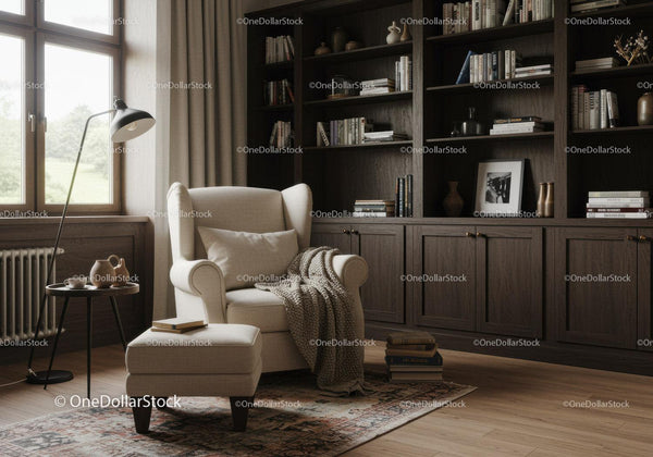 Cozy reading nook with beige armchair and dark bookshelves