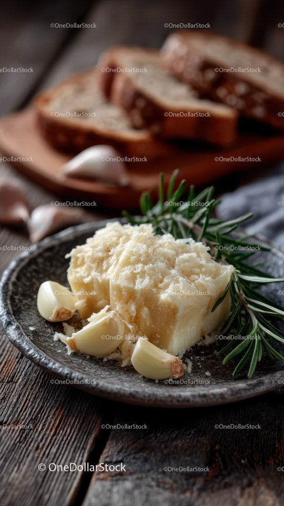 Roasted Garlic Cloves with Rosemary on Rustic Wooden Table