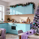 Modern kitchen with pastel cabinets and festive Christmas decor
