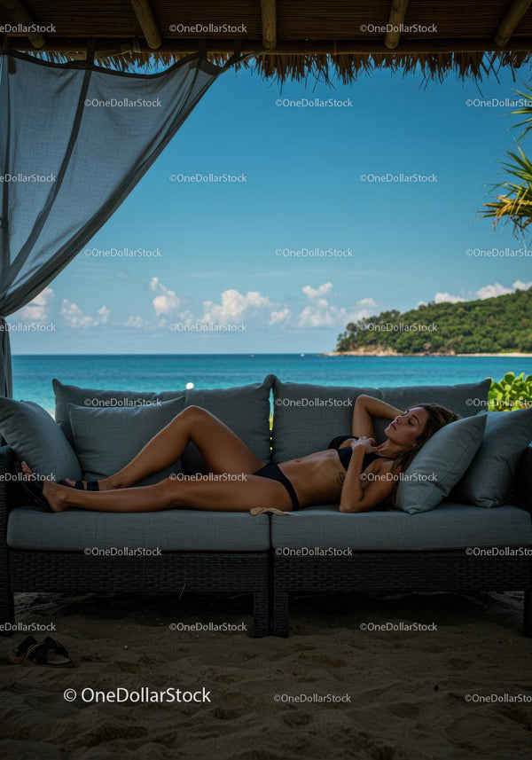 Relaxing Woman Sunbathing on Outdoor Sofa with Ocean View