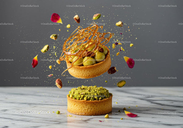 Delicate pistachio tart with caramel decoration explosion