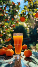 Fresh Oranges and Glass of Orange Juice in Orchard Setting