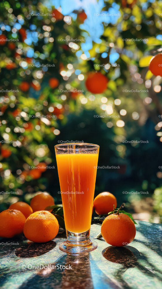 Fresh Oranges and Glass of Orange Juice in Orchard Setting