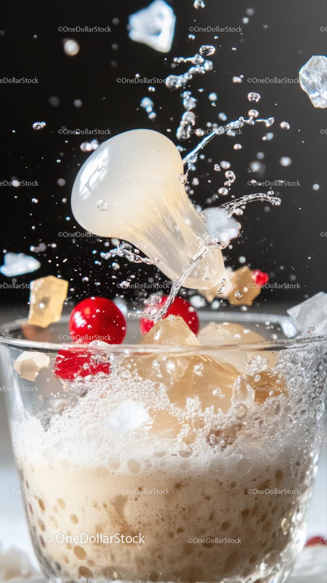 Ice Cubes and Red Cherries Blasted into Fizzy Creamy Beverage