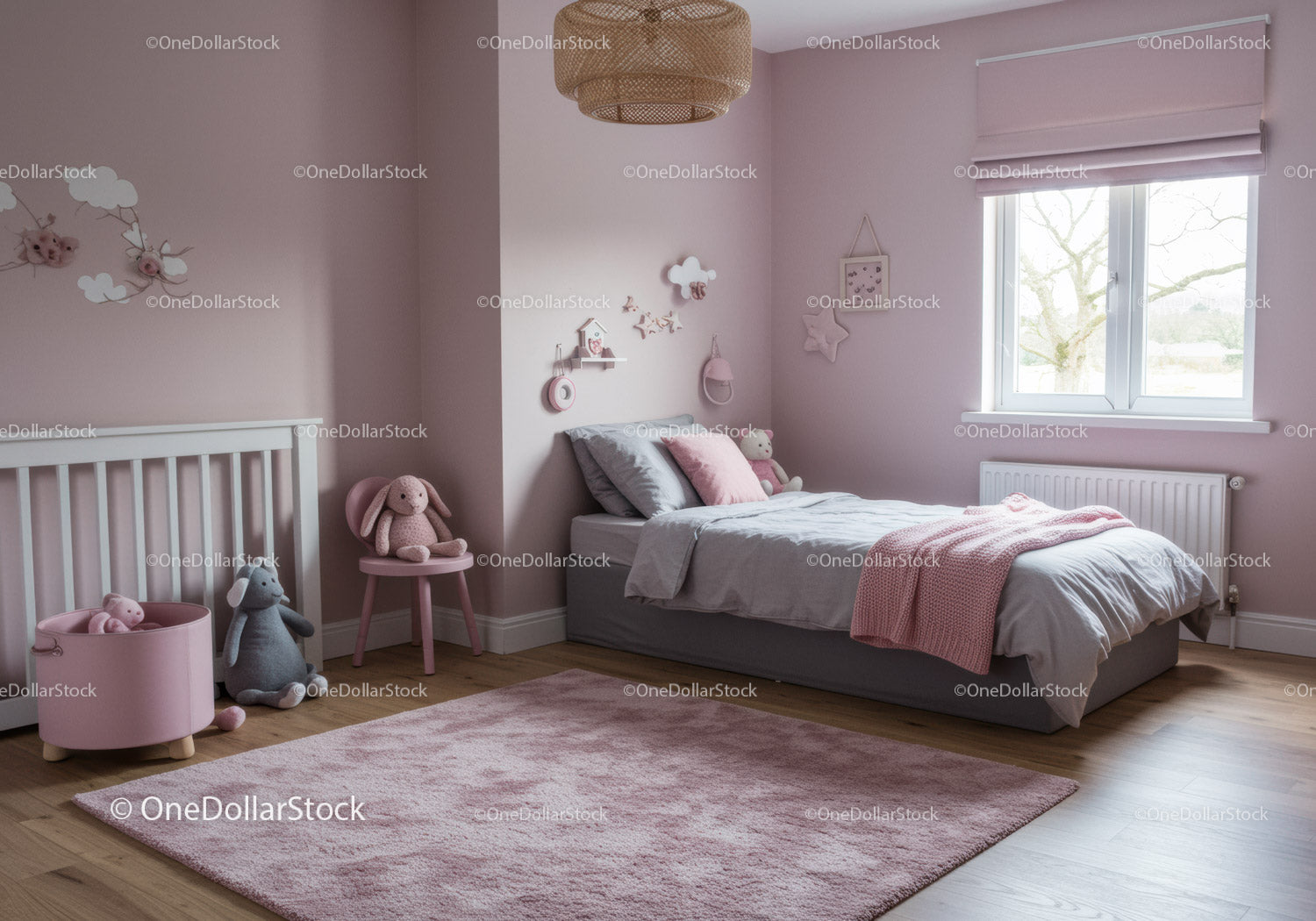 Pink Children's Bedroom with Plush Toys and Wall Decorations for Cozy Kids Room