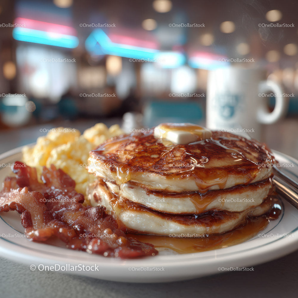 Stack of Fluffy Pancakes with Bacon and Syrup in Cozy Breakfast Setting