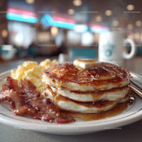 Stack of Fluffy Pancakes with Bacon and Syrup in Cozy Breakfast Setting
