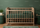 Wooden Baby Crib with Green Bedding in Modern Nursery Bedroom