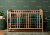 Wooden Baby Crib with Green Bedding in Modern Nursery Bedroom