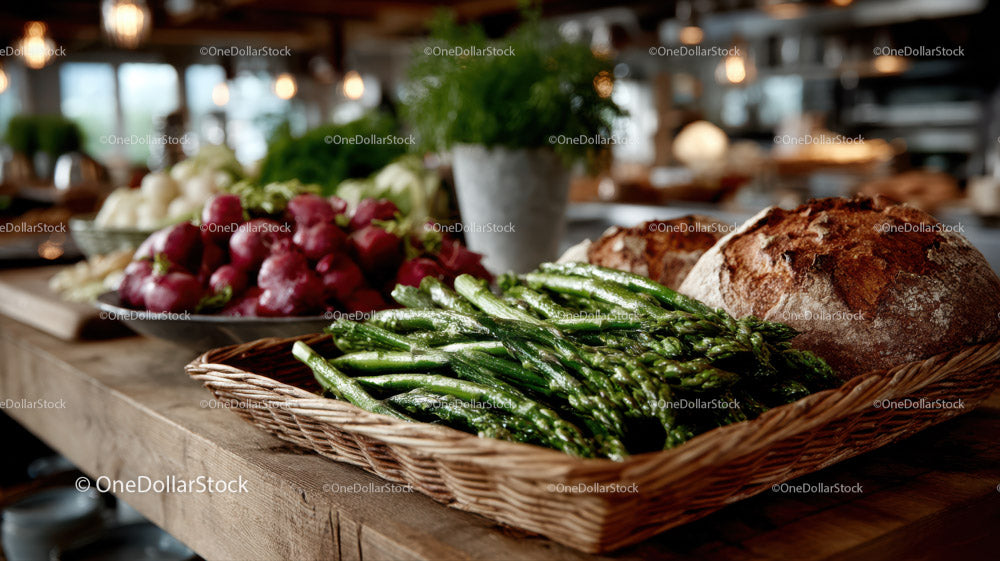 Fresh Asparagus Radishes and Bread on Rustic Wooden Table