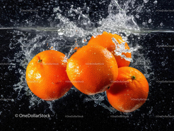 Vibrant Fresh Oranges Splashing into Water