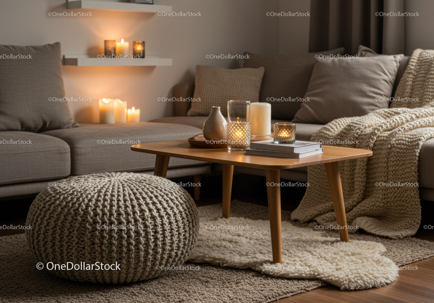 Cozy living room with warm candlelight and knitted decor