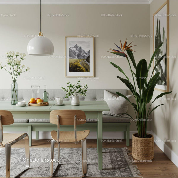 Contemporary Dining Room with Potted Palm and Mountain Landscape Wall Art