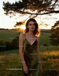 Young woman in green dress standing in golden hour field