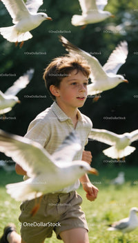 Boy Running Joyfully Among Flying Seagulls Outdoors
