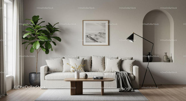 Minimalist cozy living room with neutral tones and natural light