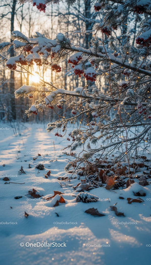 Sunlit winter berries and snow-covered forest floor