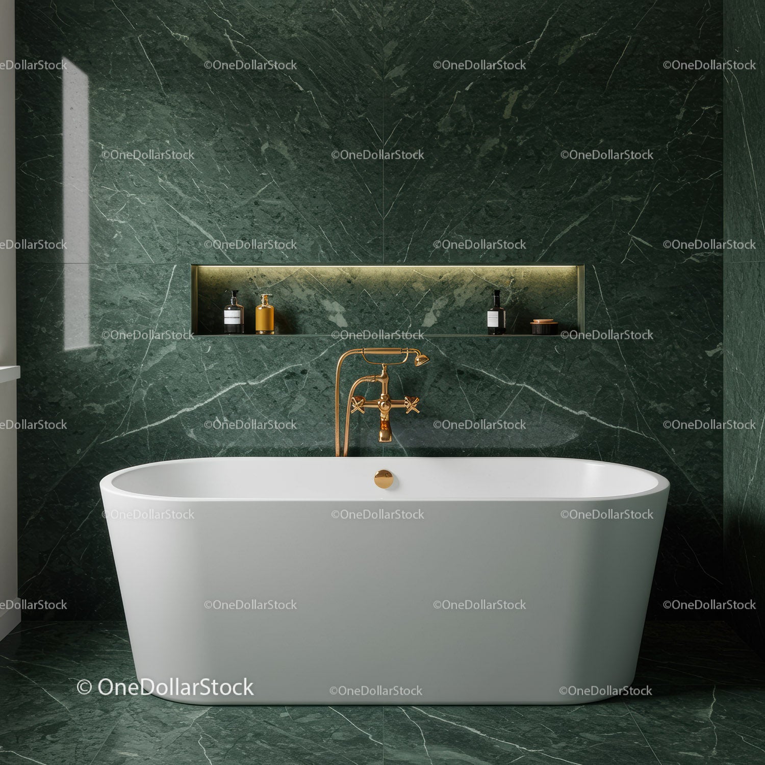 Luxurious Green Marble Bathroom with White Bathtub and Gold Fixtures
