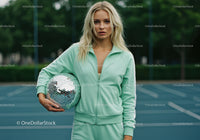 Young Woman in Mint Green Tracksuit Holding Disco Ball on Tennis Court