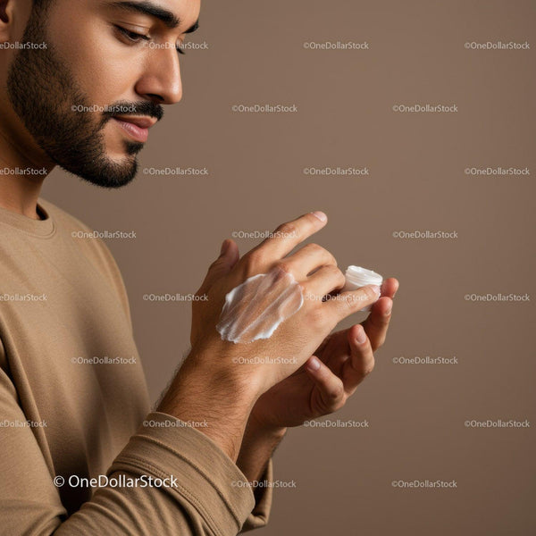 Man Applying Cream for Skincare Routine in Minimalist Setting