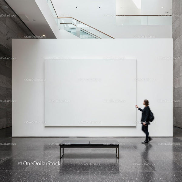 Woman Observing Large White Canvas in Modern Gallery JPG Mockup Image