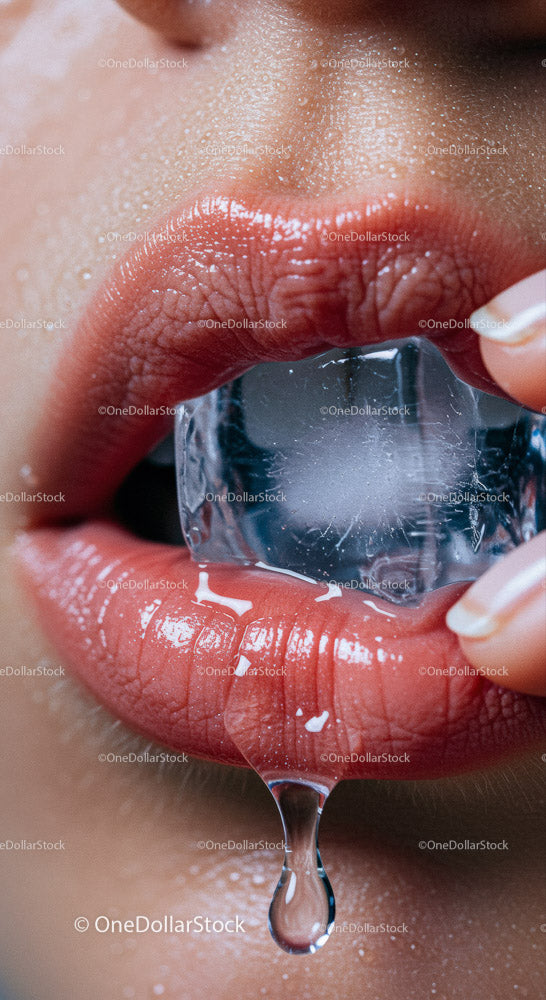 Close-Up of Glossy Lips with Ice Cube for Refreshing Hydration