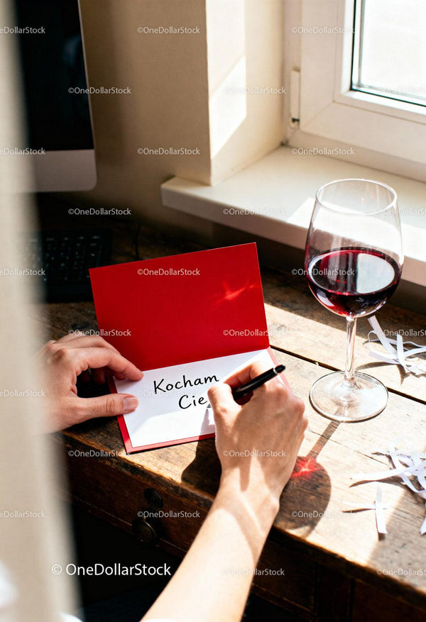 Writing a heartfelt love note with red wine by the window