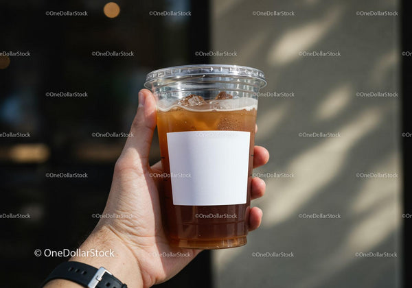 Hand Holding Iced Coffee in Clear Plastic Cup JPG Mockup Image