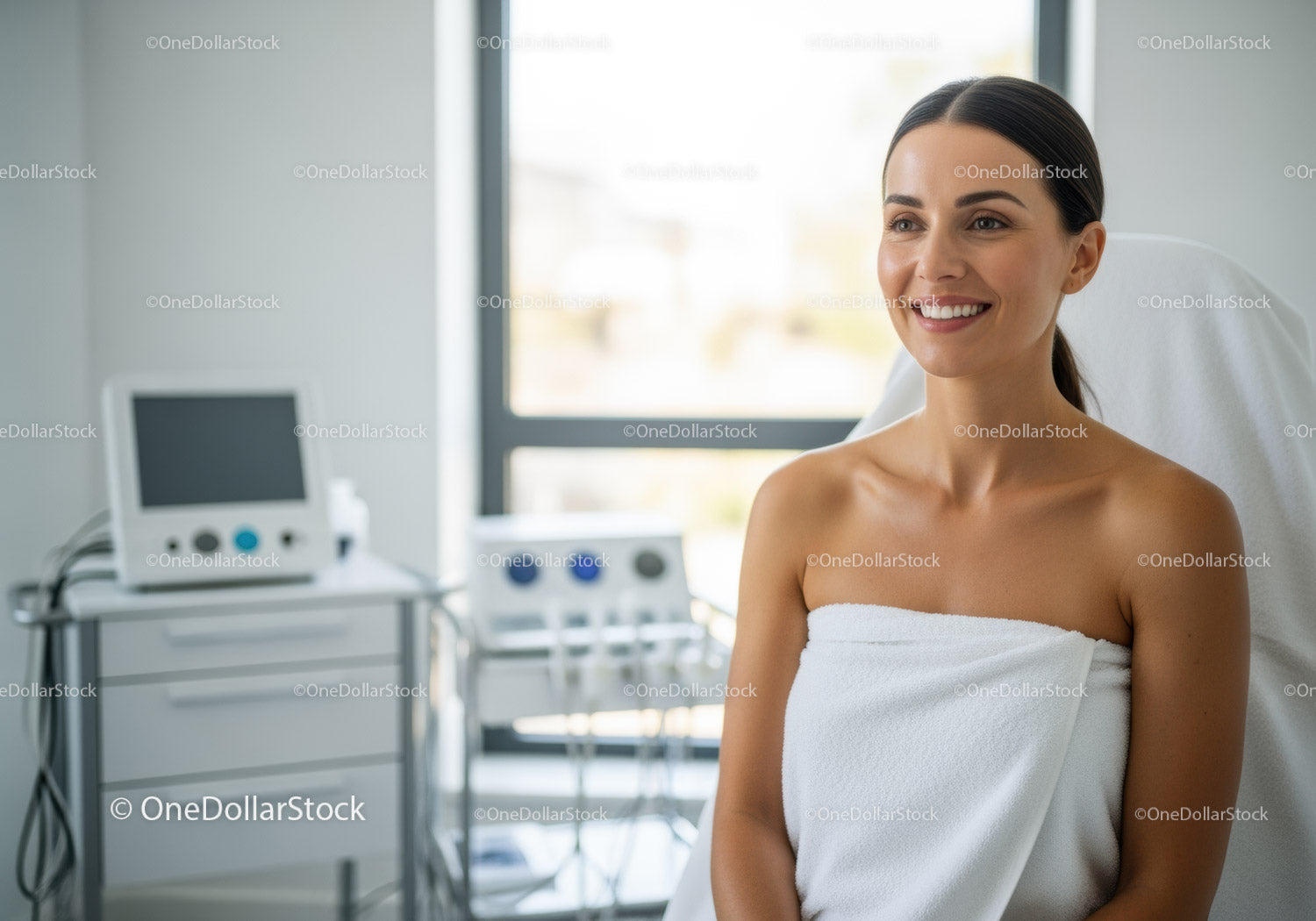 Relaksująca scena zabiegów pielęgnacyjnych skóry z uśmiechniętą kobietą w centrum odnowy biologicznej