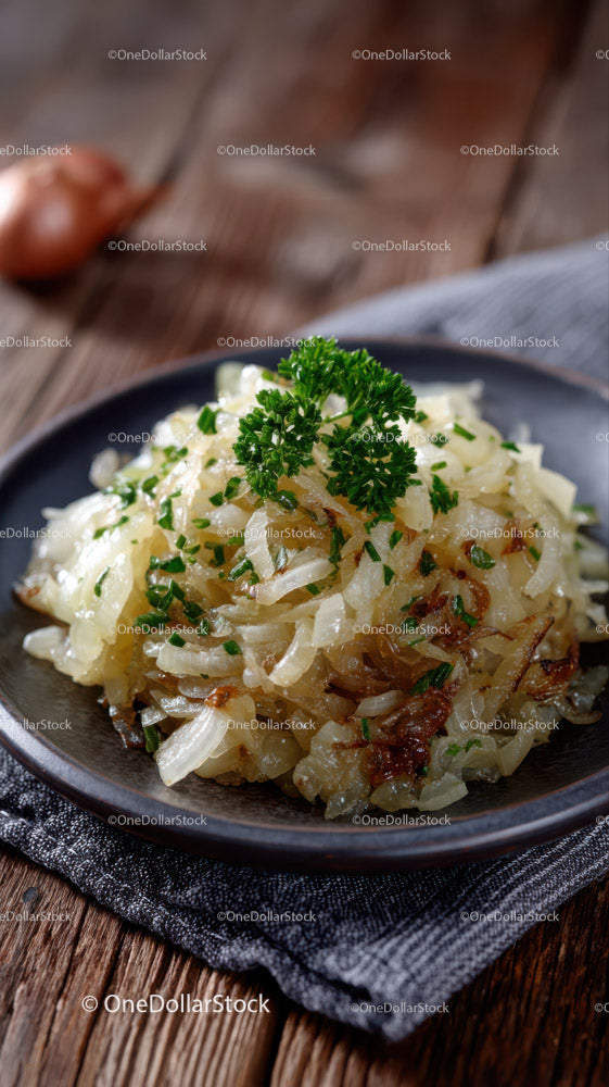 Caramelized Onion and Herb Stew in Rustic Ceramic Bowl