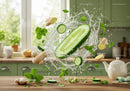 Fresh cucumber and ginger with mint splash in kitchen